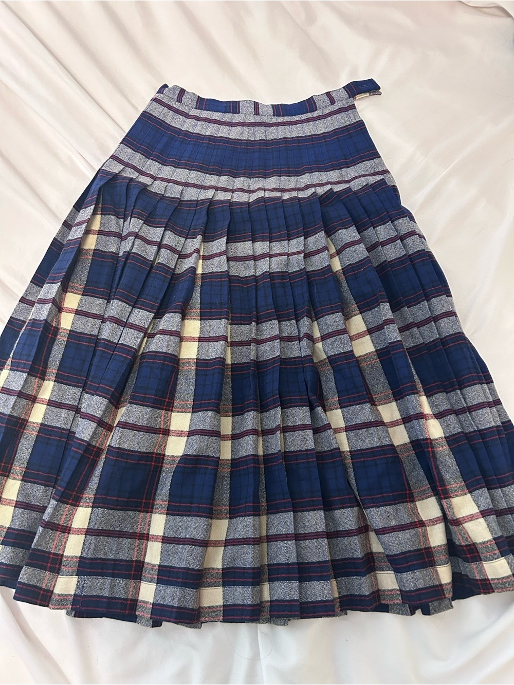 Vintage Navy Plaid Pleated Midi Skirt with Cream and Red Stripes